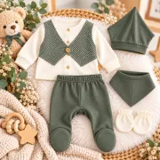 Set nou-născut băiețel 5 piese, verde kaki și crem, bluză cu vestă, pantaloni cu botoșei, căciuliță, bavetă și mănuși yby21sbs-1