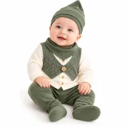 Set nou-născut băiețel 5 piese, verde kaki și crem, bluză cu vestă, pantaloni cu botoșei, căciuliță, bavetă și mănuși yby21sbs-1