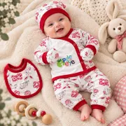 Set nou-născut bebe 5 piese, alb cu roșu, imprimeu iepurași, bluză, pantaloni, căciuliță, bavetă și mănuși mtr32sbs-a