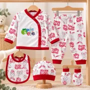 Set nou-născut bebe 5 piese, alb cu roșu, imprimeu iepurași, bluză, pantaloni, căciuliță, bavetă și mănuși mtr32sbs-a