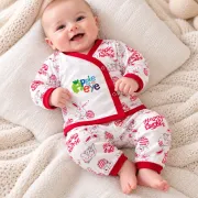 Set nou-născut bebe 5 piese, alb cu roșu, imprimeu iepurași, bluză, pantaloni, căciuliță, bavetă și mănuși mtr32sbs-a
