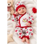 Set nou-născut bebe 5 piese, alb cu roșu, imprimeu ursuleți și inimioare, bluză, pantaloni, căciuliță, bavetă și mănuși mtr32sbs-5