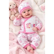 Set nou-născut fetiță 5 piese, alb cu roz, imprimeu iepurași, bluză, pantaloni, căciuliță, bavetă și mănuși mtr32sbs-6