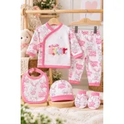 Set nou-născut fetiță 5 piese, alb cu roz, imprimeu iepurași, bluză, pantaloni, căciuliță, bavetă și mănuși mtr32sbs-6