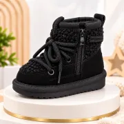 Cizme negre imblanite pentru fete superbaby din piele ecologica, talpa cauciuc, cu siret si fermoar, peste glezna, casual
