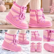 Cizme roz imblanite pentru fete superbaby din piele ecologica, talpa cauciuc, cu siret si fermoar, peste glezna, casual