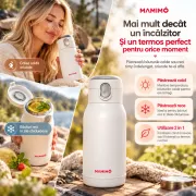 Incalzitor portabil apa si lapte pentru bebelusi mamimo, termos electric 500 ml, baterie 10.400 mah, temperatura reglabila 37&ndash;55&deg;c si 100&deg;c, incalzire rapida, mentinere temperatura, dezinfectare, afisaj led, inox 316l, alb/gri