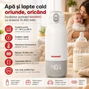 Incalzitor portabil apa si lapte pentru bebelusi mamimo, termos electric 500 ml, baterie 10.400 mah, temperatura reglabila 37&ndash;55&deg;c si 100&deg;c, incalzire rapida, mentinere temperatura, dezinfectare, afisaj led, inox 316l, alb/gri
