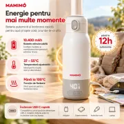 Incalzitor portabil apa si lapte pentru bebelusi mamimo, termos electric 500 ml, baterie 10.400 mah, temperatura reglabila 37&ndash;55&deg;c si 100&deg;c, incalzire rapida, mentinere temperatura, dezinfectare, afisaj led, inox 316l, alb/gri
