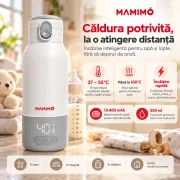 Incalzitor portabil apa si lapte pentru bebelusi mamimo, termos electric 500 ml, baterie 10.400 mah, temperatura reglabila 37&ndash;55&deg;c si 100&deg;c, incalzire rapida, mentinere temperatura, dezinfectare, afisaj led, inox 316l, alb/gri