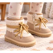 Cizme bej imblanite pentru fete superbaby din piele ecologica, talpa cauciuc, cu siret si fermoar, peste glezna, casual (2)