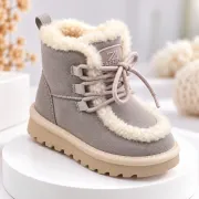 Cizme gri imblanite pentru fete din piele ecologica, talpa cauciuc, model cozy