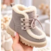 Cizme gri imblanite pentru fete din piele ecologica, talpa cauciuc, model cozy