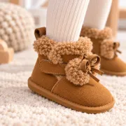 Cizme maro imblanite pentru fete superbebe shop din piele ecologica cu talpa de cauciuc si ciucurei pufosi, peste glezna, inchidere cu fermoar
