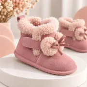 Cizme roz imblanite pentru fete superbebe shop din piele ecologica cu talpa de cauciuc si ciucurei pufosi, peste glezna, inchidere cu fermoar (2)