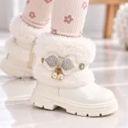 Ghete albe cu blanita accesorizata cu strasuri si perlute, fetite, piele ecologica, model elegance