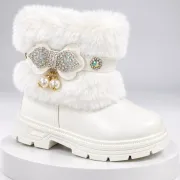 Ghete albe cu blanita accesorizata cu strasuri si perlute, fetite, piele ecologica, model elegance