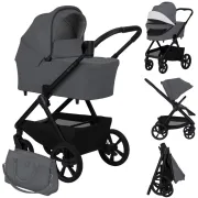 Carucior 2 in 1, Lionelo, Carmine, Parte sport si Landou anti-reflux, Salteluta ventilata, Reglare spatar, Suport de picioare, Maner reglabil, Sustine 22 kg, Cu accesorii, 0 luni+, Gri BYNLO-CARMINE_2IN1_GREY_STONE
