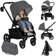 Carucior 2 in 1, Lionelo, Carmine, Parte sport si Landou anti-reflux, Salteluta ventilata, Reglare spatar, Suport de picioare, Maner reglabil, Sustine 22 kg, Cu accesorii, 0 luni+, Gri BYNLO-CARMINE_2IN1_GREY_STONE