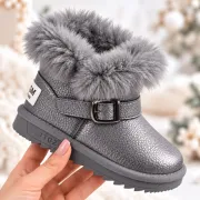Cizme gri sidefat pentru fetite cu catarama, superbaby, model pufy, piele ecologica