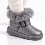 Cizme gri sidefat pentru fetite cu catarama, superbaby, model pufy, piele ecologica