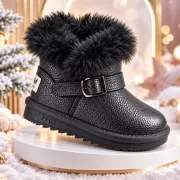 Cizme pentru fetite cu catarama, negru sidefat, superbaby, model pufy, piele ecologica