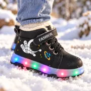 Ghete imblanite cu lumini led bareta velcro, model cosmo, baieti, piele ecologica