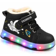 Ghete imblanite cu lumini led bareta velcro, model cosmo, baieti, piele ecologica