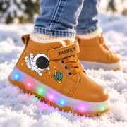 Ghete maro imblanite cu lumini led bareta velcro, model cosmo, baieti, piele ecologica
