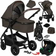 Carucior 3 in 1, Lionelo, Amber, Cadru aluminiu, Cu landou intarit si salteluta moale, Cu scoica auto testata ADAC, Reversibil, Cu accesorii, Geanta parinti, Pana la 22 kg, Maro BYNLO-AMBER_3IN1_BROWN_CHOCOLATE