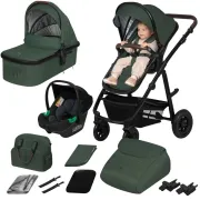Carucior 3 in 1, Lionelo, Amber, Cadru aluminiu, Cu landou intarit si salteluta moale, Cu scoica auto testata ADAC, Reversibil, Cu accesorii, Geanta parinti, Pana la 22 kg, Verde BYNLO-AMBER_3IN1_GREEN_FOREST