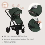 Carucior 3 in 1, Lionelo, Amber, Cadru aluminiu, Cu landou intarit si salteluta moale, Cu scoica auto testata ADAC, Reversibil, Cu accesorii, Geanta parinti, Pana la 22 kg, Verde BYNLO-AMBER_3IN1_GREEN_FOREST