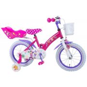 Bicicleta Volare pentru fete 14 inch cu scaun pentru papusi roti ajutatoare si cosulet Minnie Mouse partial montata - SOLVOL31426