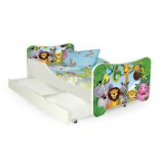 Pat pentru copii hm happy jungle, pal melaminat, cu saltea inclusa, 140x70 cm, multicolor drm3638
