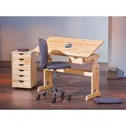 Set birou ergonomic pentru copii hm julia, inaltime reglabila, unghi inclinare ajustabil, lemn si dulapior hm nils, roti, sertare, natur drm3382