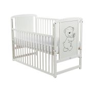 BabyNeeds - Patut din lemn Timmi 120x60 cm, cu laterala culisanta, Alb + Saltea 10 cm BYNBOTIM10CM03AL