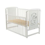 BabyNeeds - Patut din lemn Timmi 120x60 cm, cu laterala culisanta, Alb + Saltea 10 cm BYNBOTIM10CM03AL