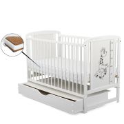 BabyNeeds - Patut din lemn Timmi Girafa 120x60 cm, cu sertar, Alb + Saltea 10 cm BYNBOTIMG10CM02AL