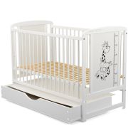 BabyNeeds - Patut din lemn Timmi Girafa 120x60 cm, cu sertar, Alb + Saltea 10 cm BYNBOTIMG10CM02AL