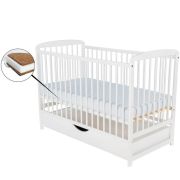 BabyNeeds - Patut din lemn Ola 120x60 cm, cu sertar, Alb + Saltea 12 cm BYNBOOLA12CM02AL