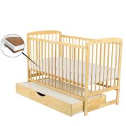 BabyNeeds - Patut din lemn Ola 120x60 cm, cu sertar, Natur + Saltea 12 cm BYNBOOLA12CM02NT