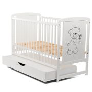 BabyNeeds - Patut din lemn Timmi 120x60 cm, cu sertar, Alb + Saltea 12 cm BYNBOTIM12CM02AL
