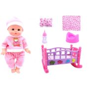 Papusa fetita 33 cm cu pijama roz sau bleu interactiva Globo Bimbo 39484 patut balansoar cu asternuturi si biberon cu olita - SOLGL39484
