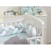 Aparatoare Laterala Pat Bumper Impletit, Cu Inchidere Velcro, Bumbac, Alb - Gri - Mint, 180x21 Cm Pjb63756