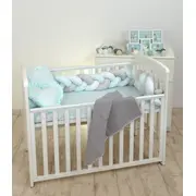 Aparatoare Laterala Pat Bumper Impletit, Cu Inchidere Velcro, Bumbac, Alb - Gri - Mint, 180x21 Cm Pjb63756