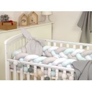 Aparatoare Laterala Pat Bumper Impletit, Cu Inchidere Velcro, Bumbac Alb - Gri - Mint, 340x21 Cm Pjb65647