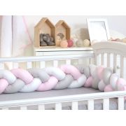 Aparatoare Laterala Pat Bumper Impletit, Cu Inchidere Velcro, Bumbac Alb - Gri - Roz, 340x21 Cm Pjb65649