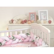 Aparatoare Laterala Pat Bumper Impletit, Cu Inchidere Velcro, Bumbac,alb - Mint - Flori, 210x21 Cm Pjb65795