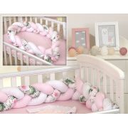 Aparatoare Laterala Pat Bumper Impletit, Cu Inchidere Velcro, Bumbac,alb - Mint - Flori, 210x21 Cm Pjb65795