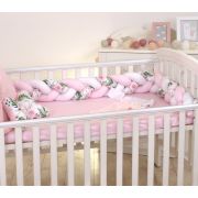 Aparatoare Laterala Pat Bumper Impletit, Cu Inchidere Velcro, Bumbac,alb - Mint - Flori, 210x21 Cm Pjb65795